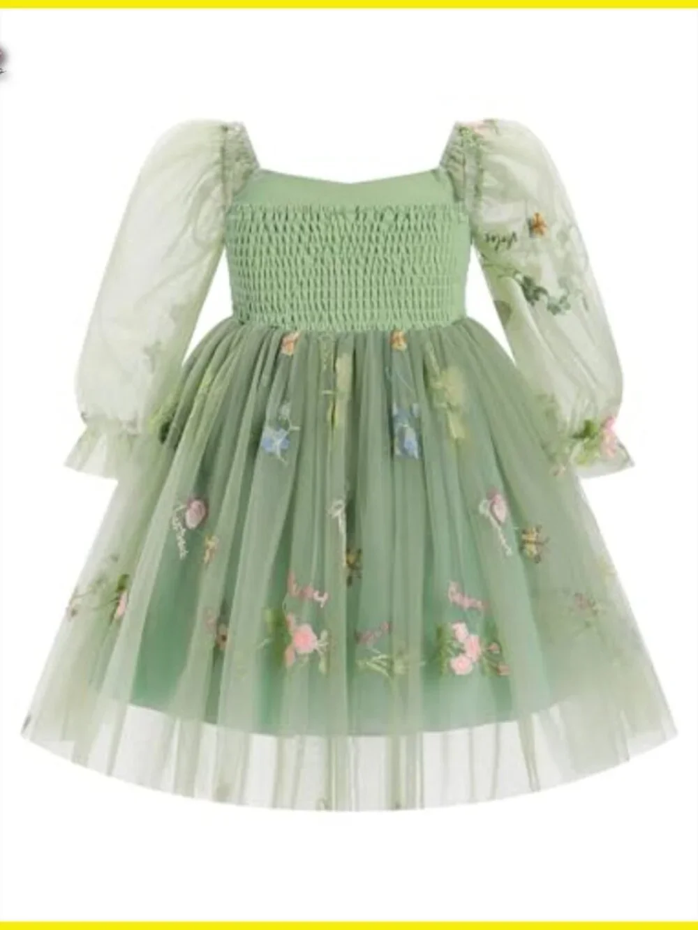 Toddler Girl Floral Tulle Formal Dress Long Sleeve Square Neck Party Photo Shoot - Picture 3 of 7